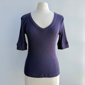 Vintage Ralph Lauren Navy L Ribbed V-Neck Cotton Elbow Sleeve Top Preppy Y2K NWT